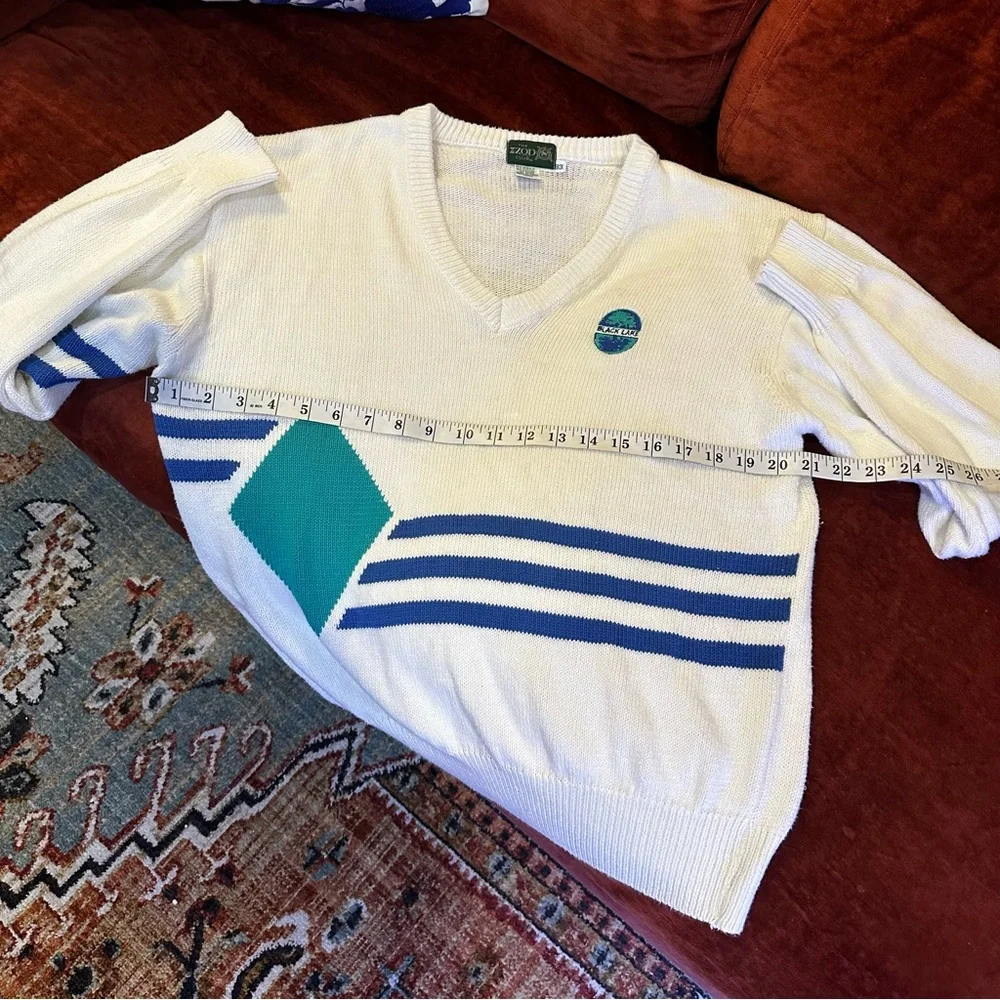 Vintage IZOD Club Black Lake Golf V Neck Stripe Diamond Sweater FLAWED R… - Picture 12 of 14